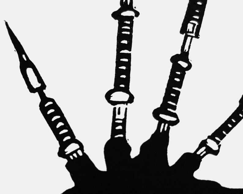 Bagpipes linocut print close up