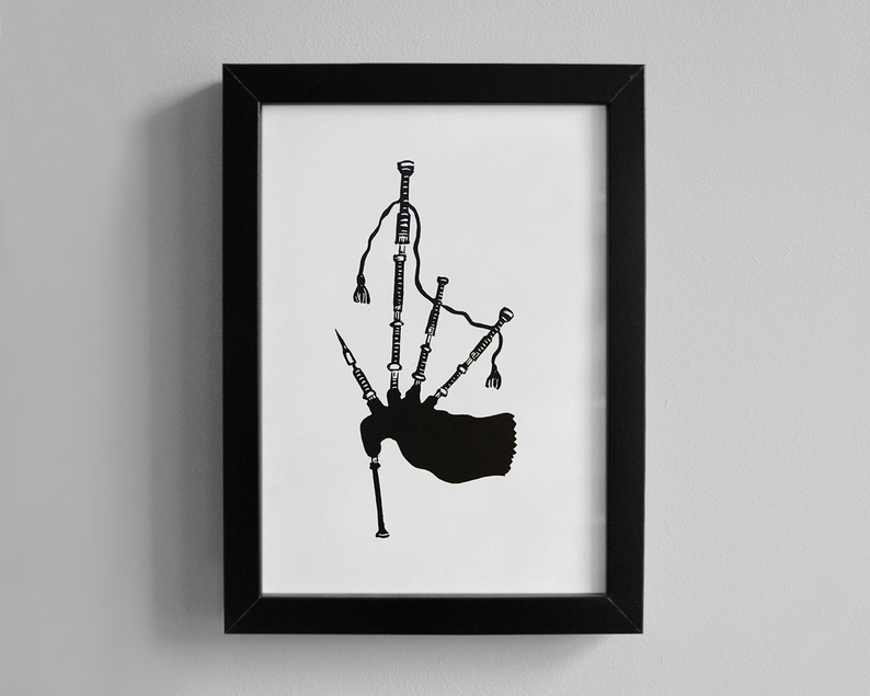 Bagpipes linocut print framed