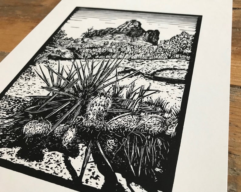 Bell rock linocut print close up