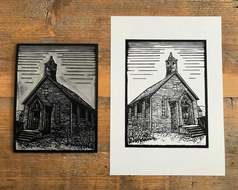 Bodie ghost town church linocut print block