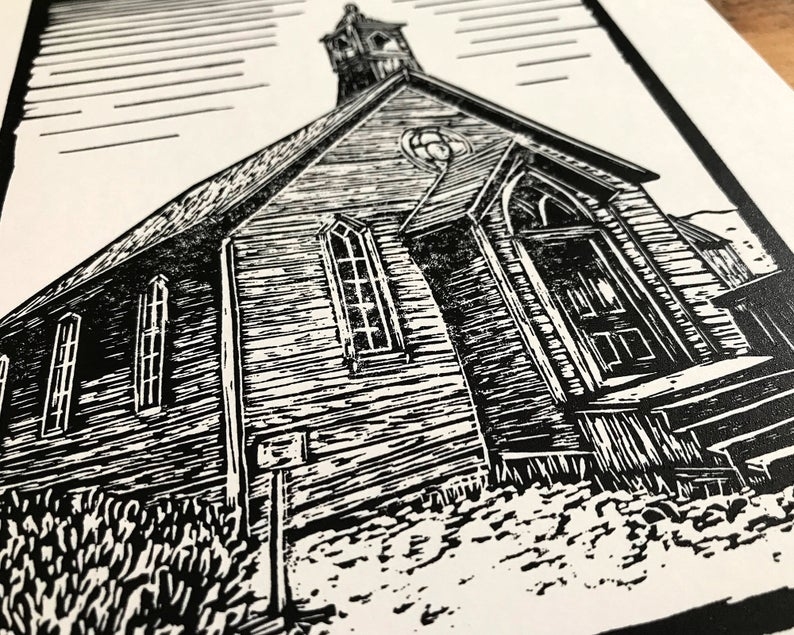 Bodie ghost town church linocut print close up