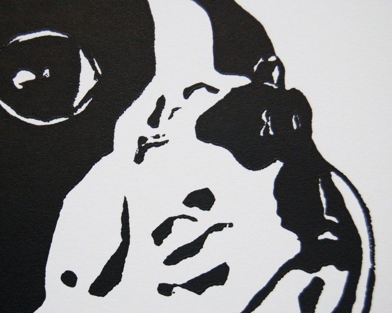 Boston terrier linocut print close up