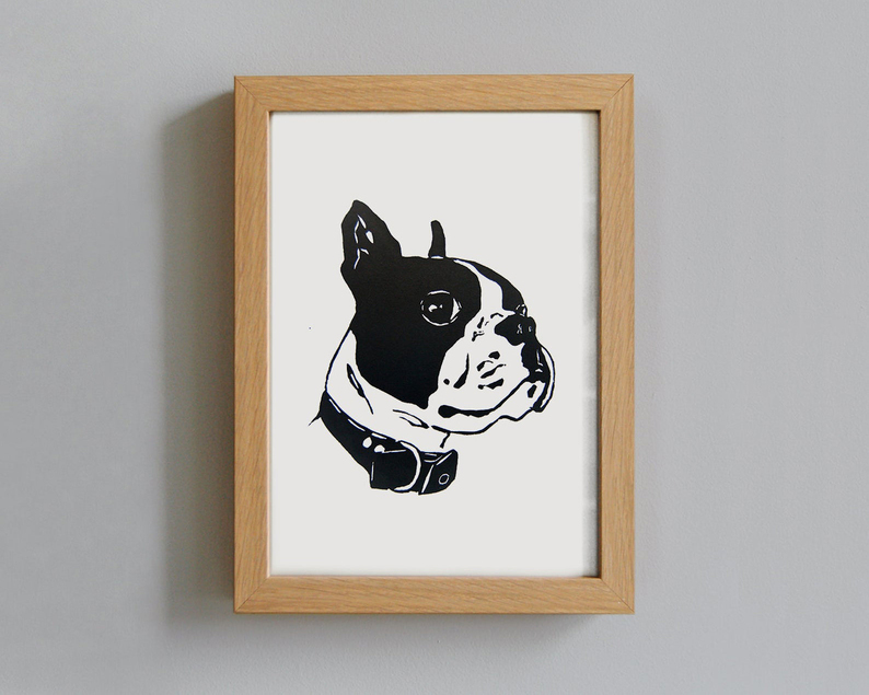 Boston terrier linocut print framed
