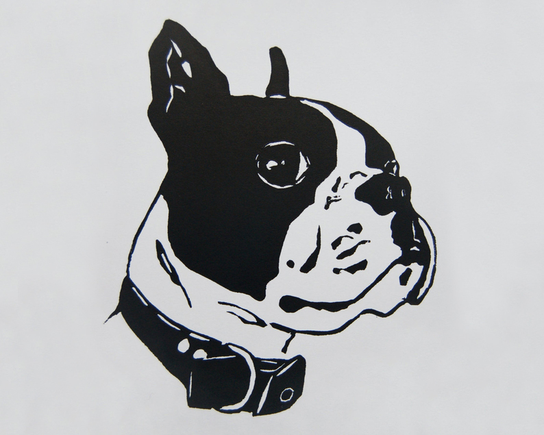 Boston terrier linocut print unframed