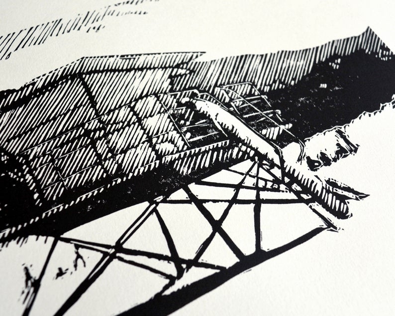 California lifeguard tower linocut close up