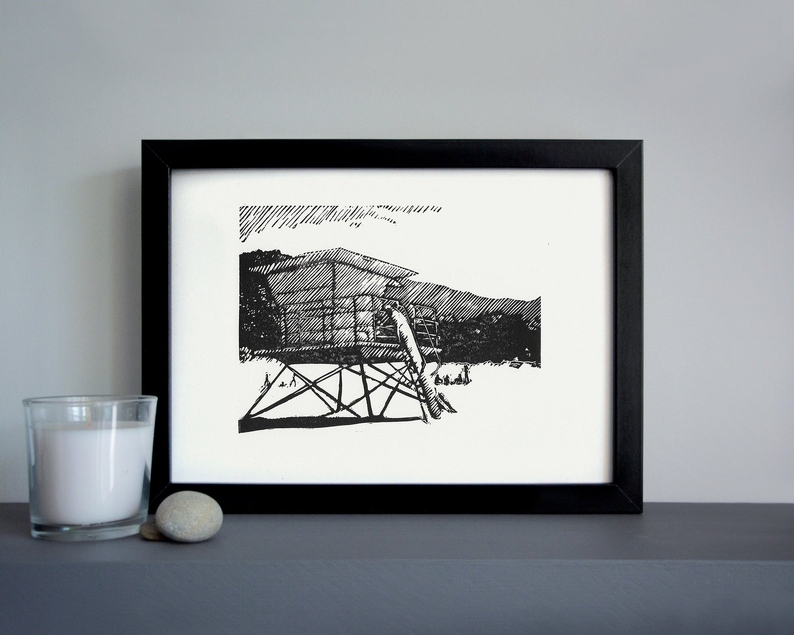 California lifeguard tower linocut framed