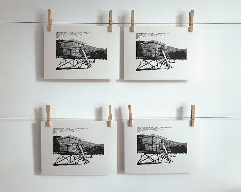 California lifeguard tower linocut hanging