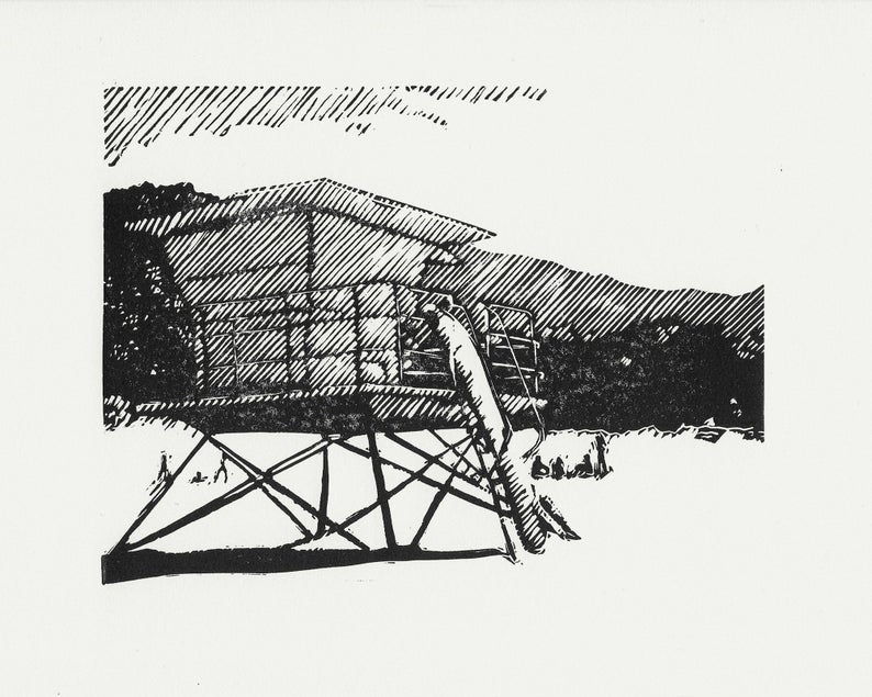 California lifeguard tower linocut print
