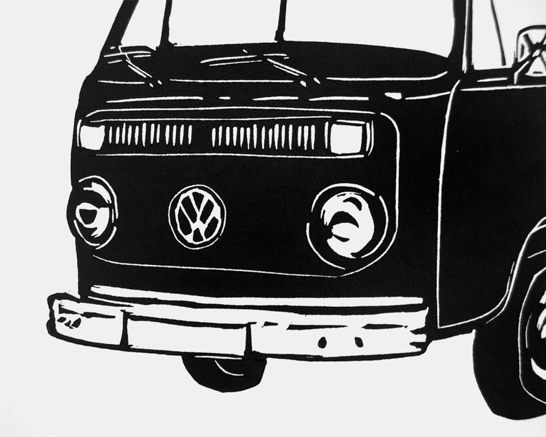 Campervan bay window linocut print close up