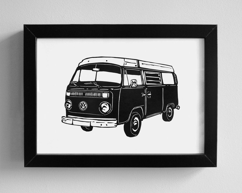 Campervan bay window linocut print framed