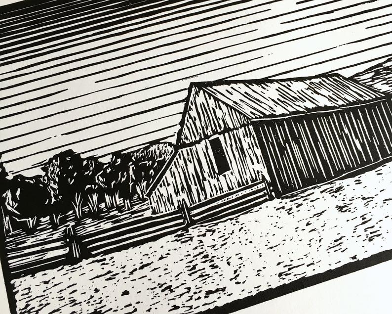 Capitol reef barn linocut print close up