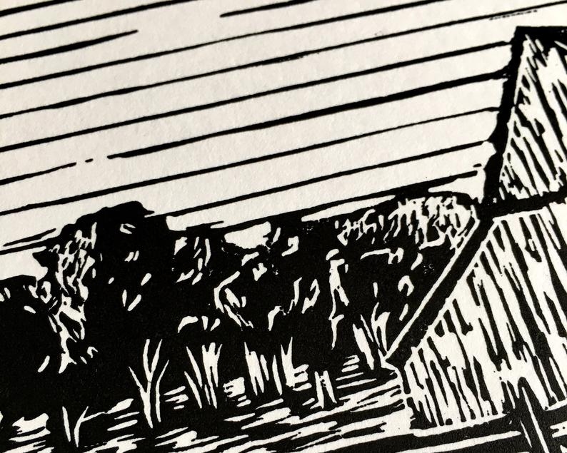 Capitol reef barn linocut print closer up