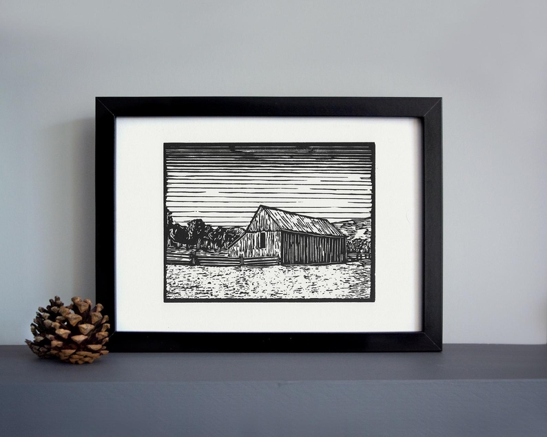 Capitol reef barn linocut print framed