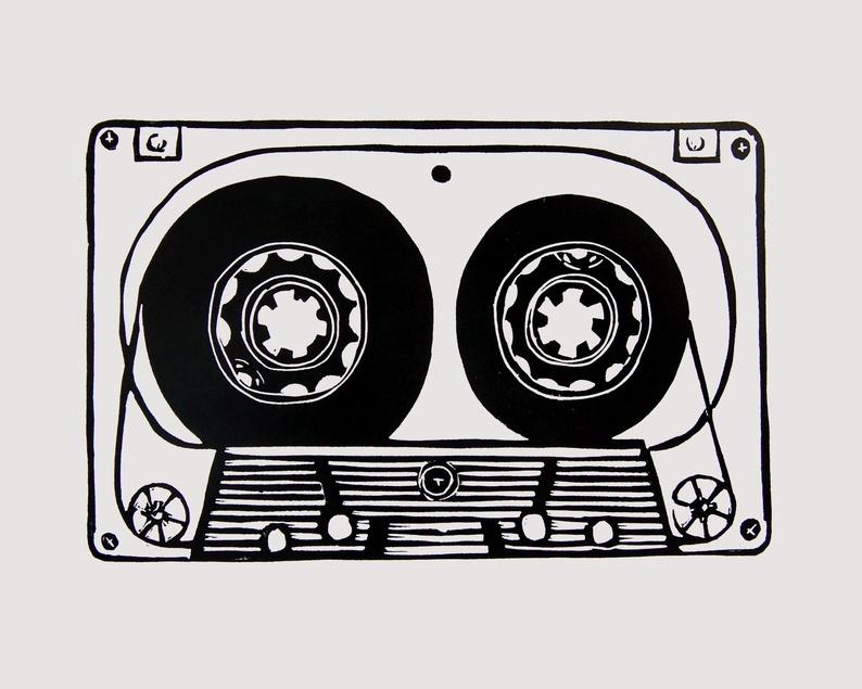 Cassette tape linocut print unframed