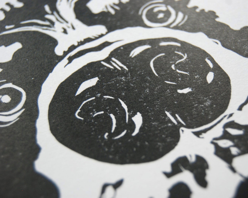 Cocker spaniel linocut print close up