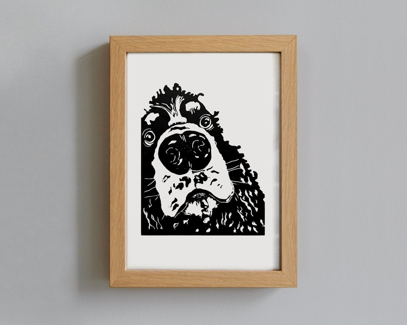 Cocker spaniel linocut print framed