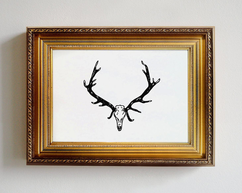 Deer antlers linocut print framed