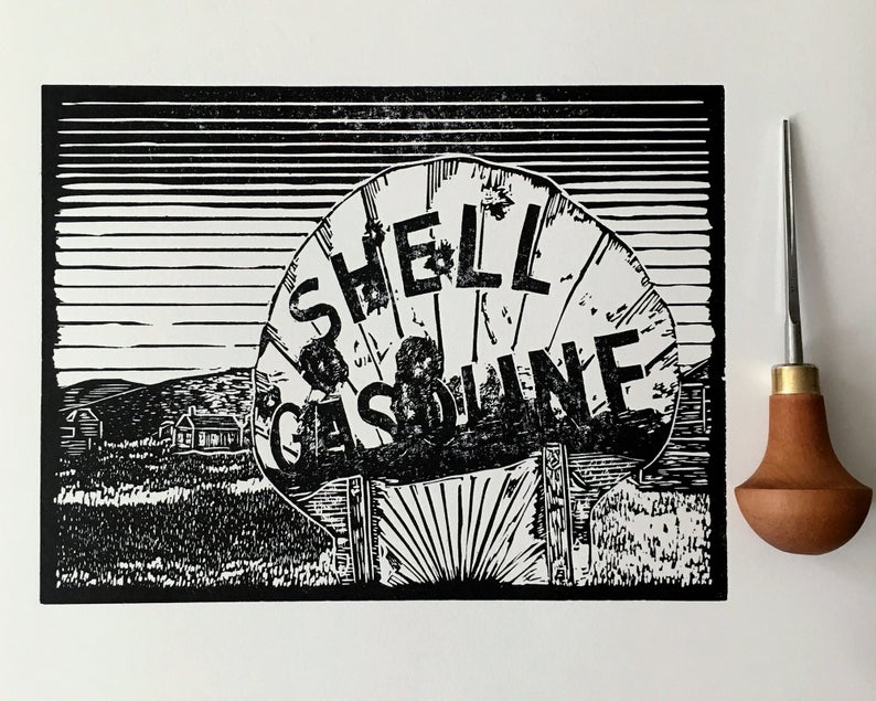Ghost town gas sign linocut print flat