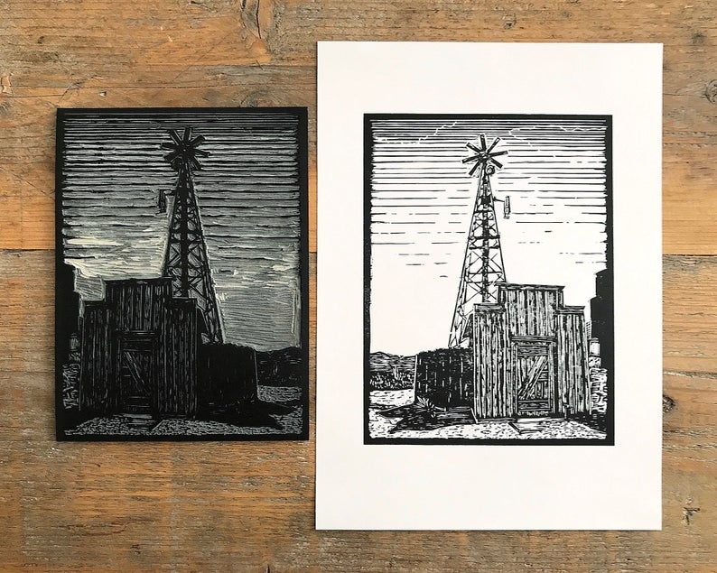Ghost town linocut print block
