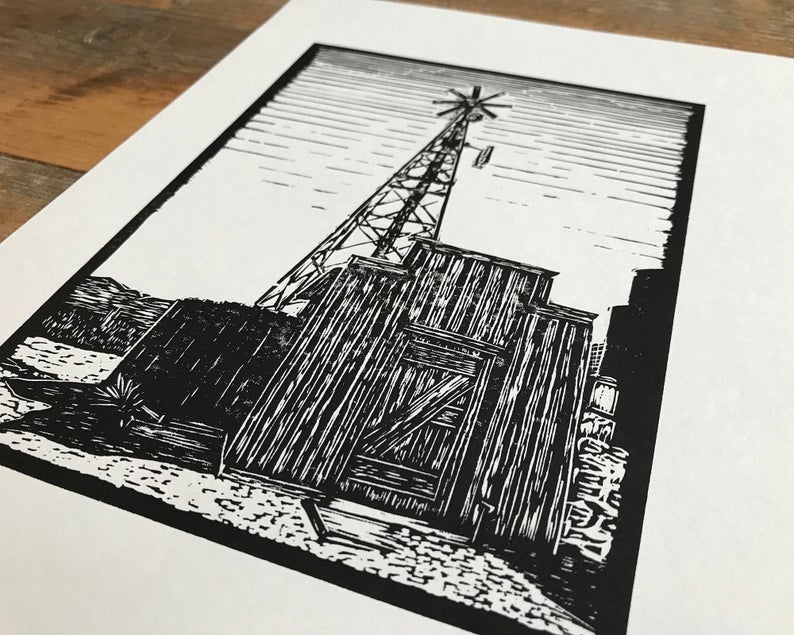 Ghost town linocut print close up