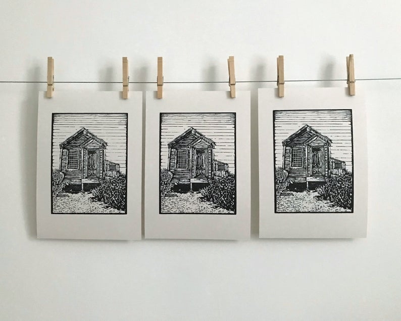 Ghost town miners house linocut print hanging