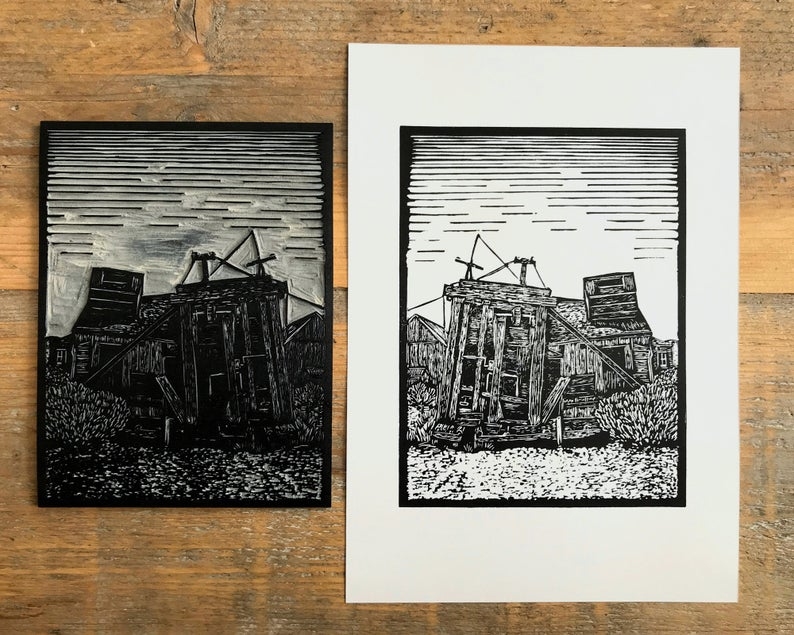 Ghost town saw mill linocut print with block