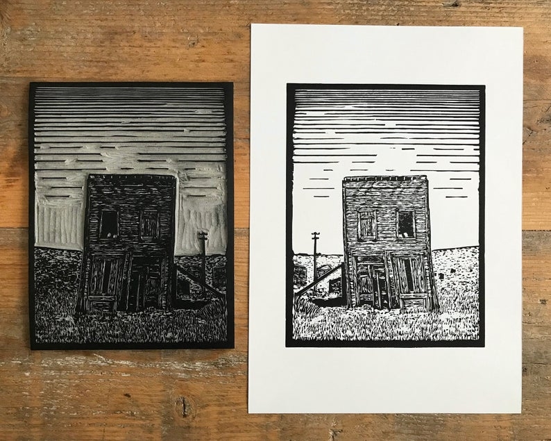 Ghost town swasey hotel linocut print block