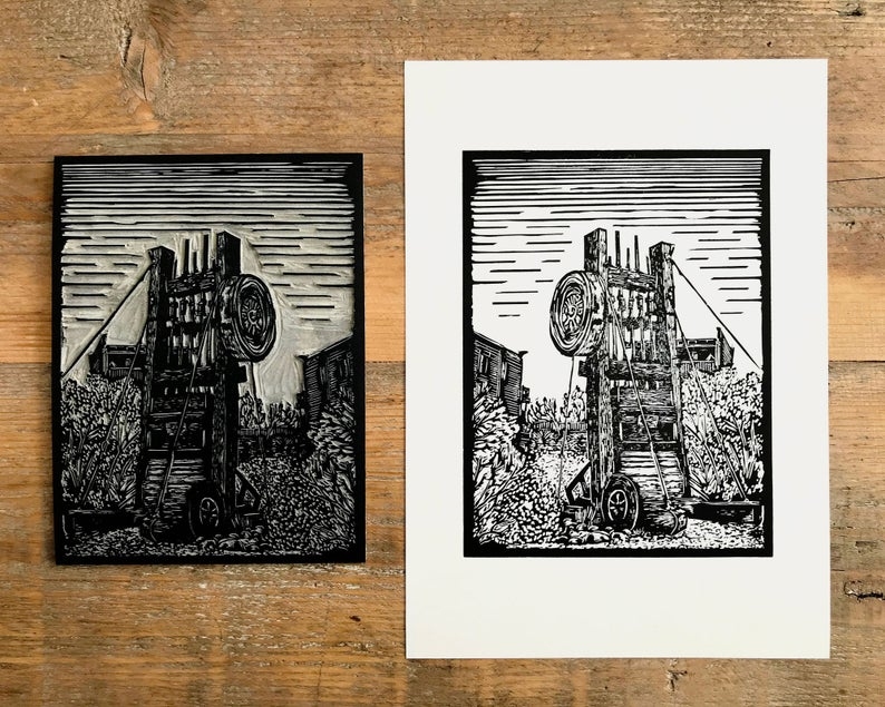 Goldfield ghost town stamp mill linocut print block