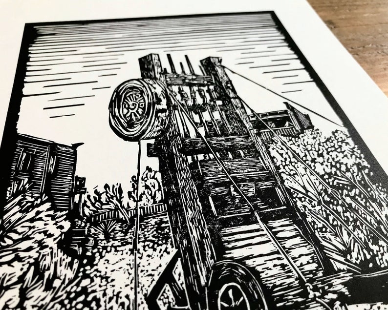 Goldfield ghost town stamp mill linocut print close up