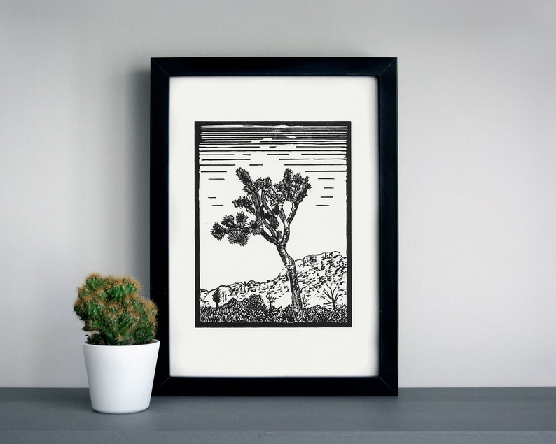 Lone joshua tree linocut print framed