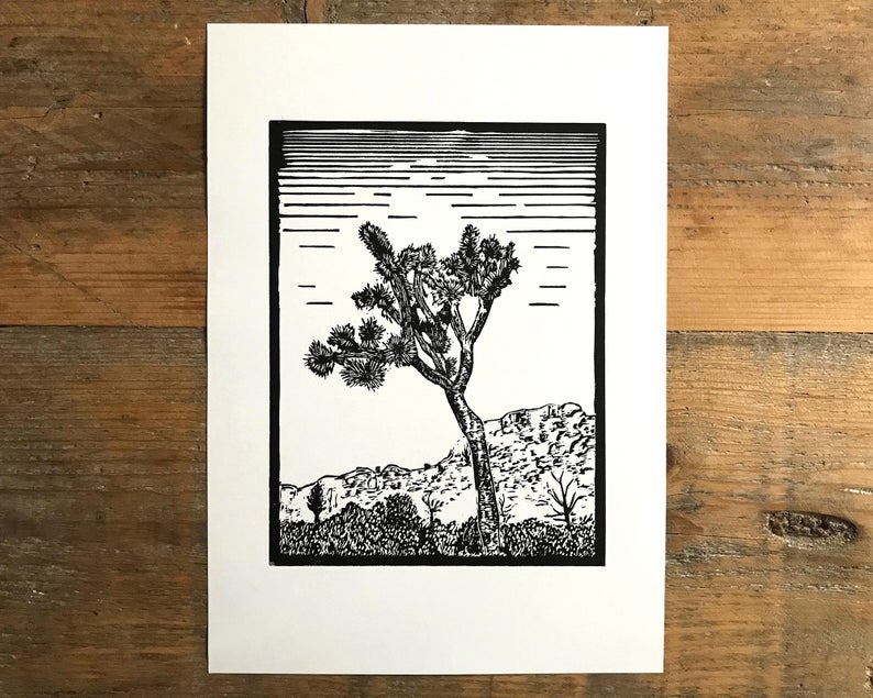 Lone joshua tree linocut print unframed