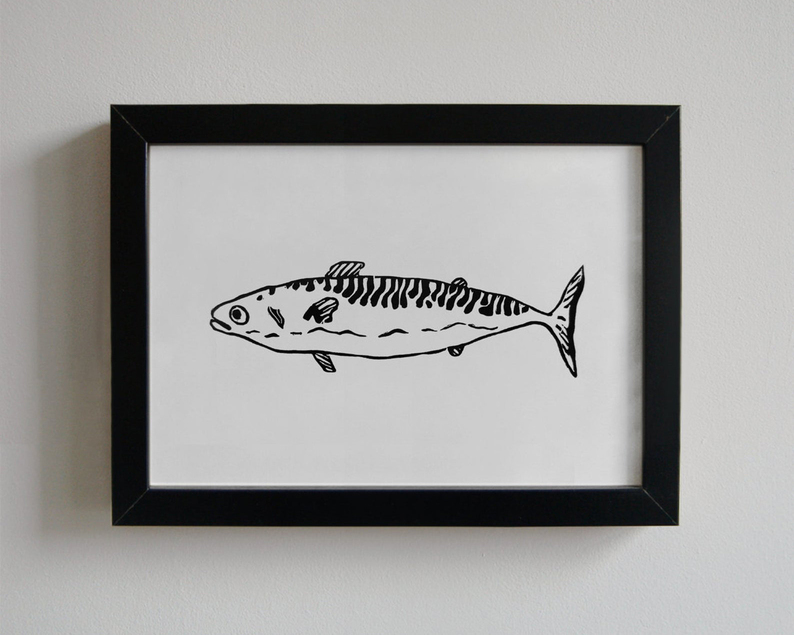 Mackerel linocut print framed