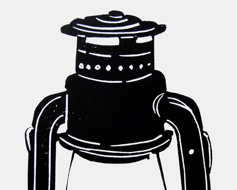Oil lamp linocut print close up