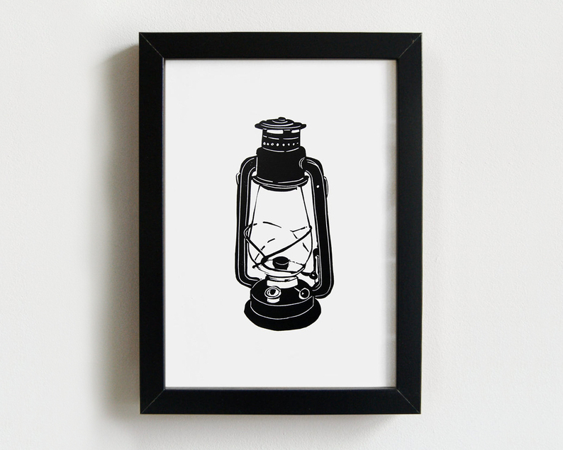 Oil lamp linocut print framed