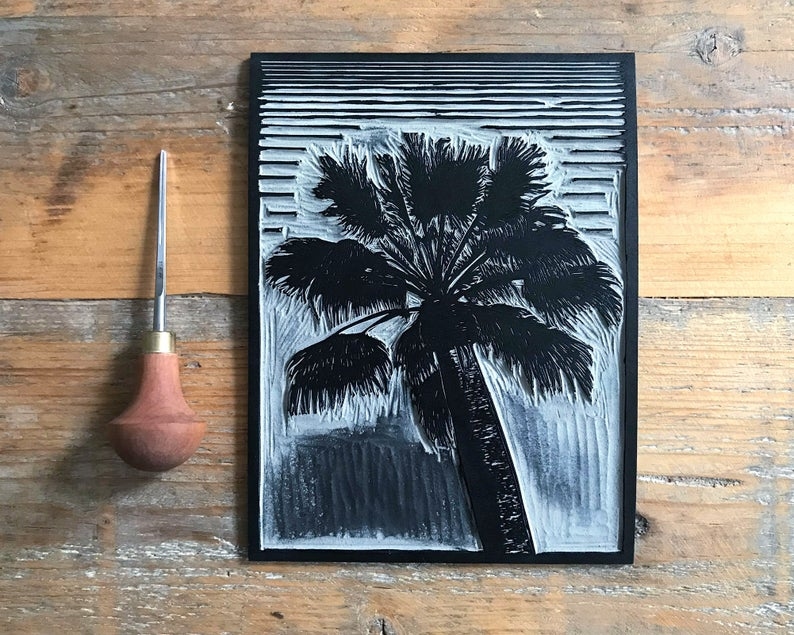 Palm tree linocut print block