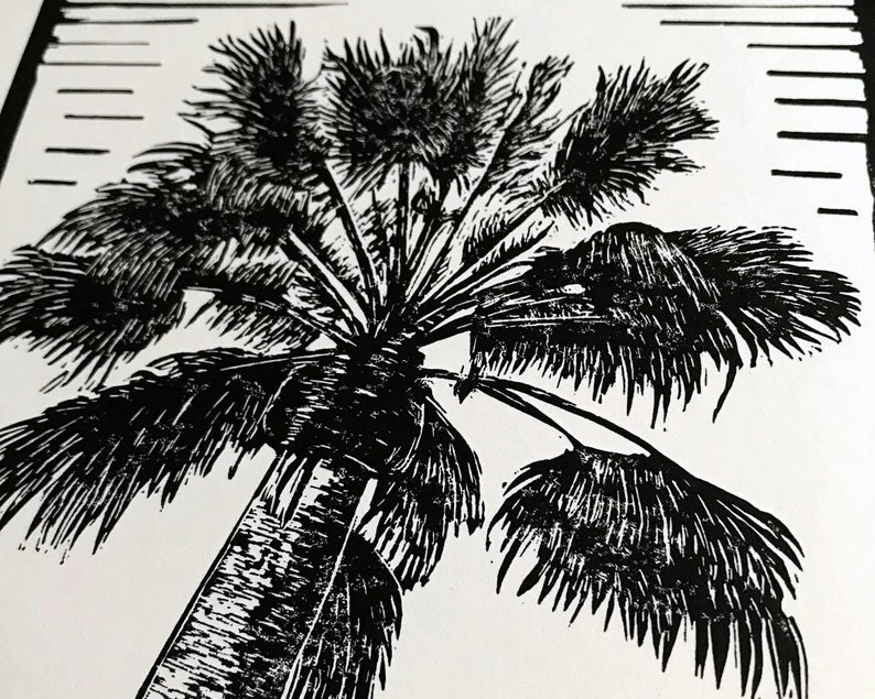 Palm tree linocut print close up