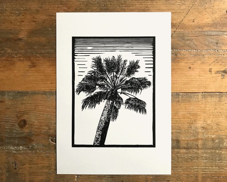 Palm tree linocut print unframed