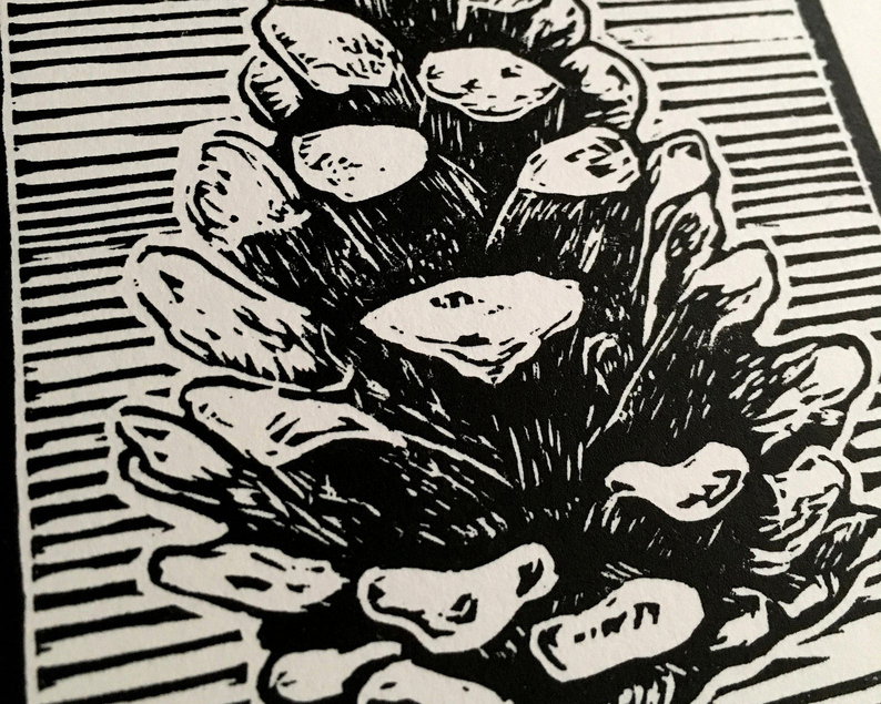 Pine cone linocut print closeup