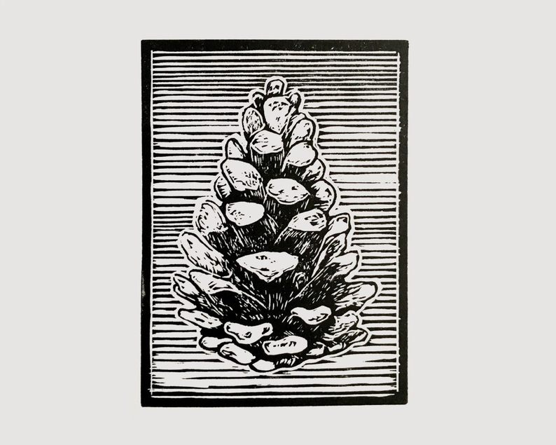 Pine cone linocut print unframed