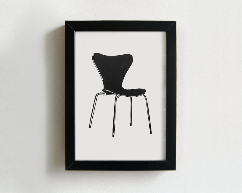 Retro chair linocut print framed