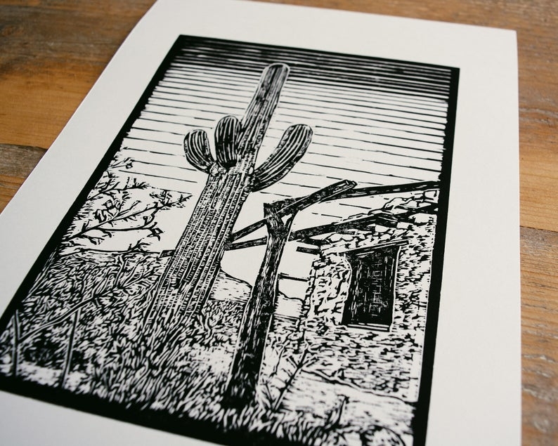Saguaro linocut print close up