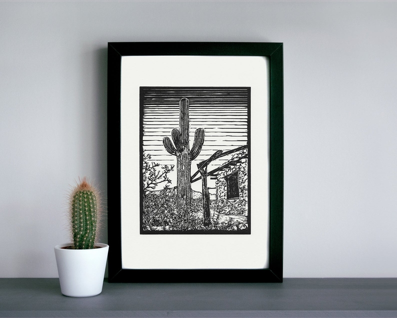 Saguaro linocut print framed