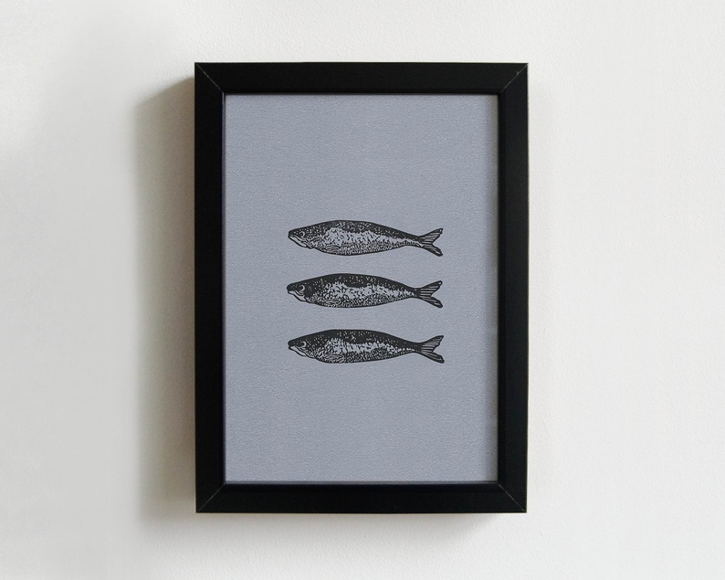 Shimmering sardines linocut print framed