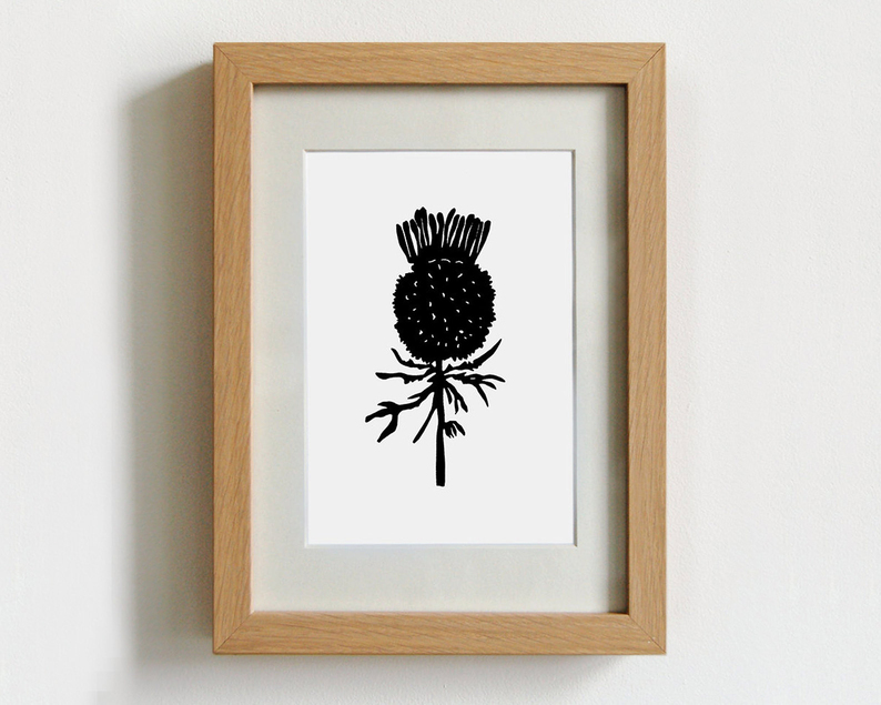 Thistle linocut print framed