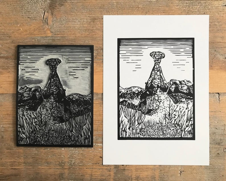 Toadstool hoodoos linocut print block