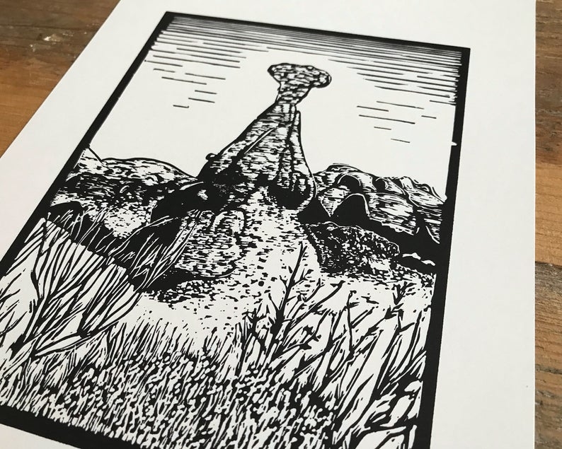 Toadstool hoodoos linocut print close up