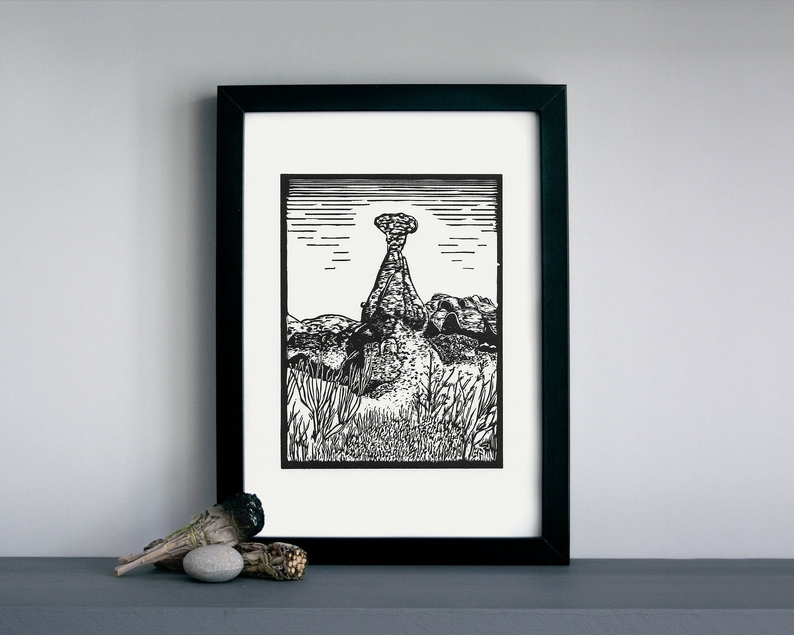 Toadstool hoodoos linocut print framed