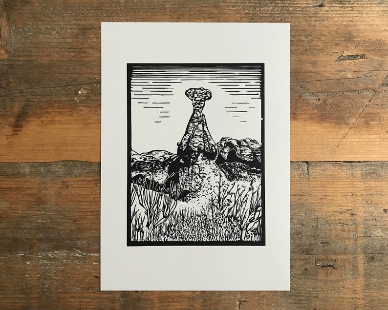 Toadstool hoodoos linocut print unframed