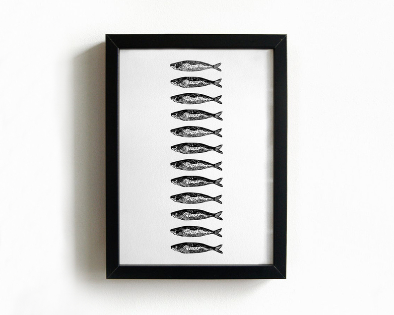 Twelve sardines screenprint framed