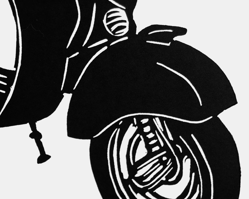 Vespa scooter linocut print close up2